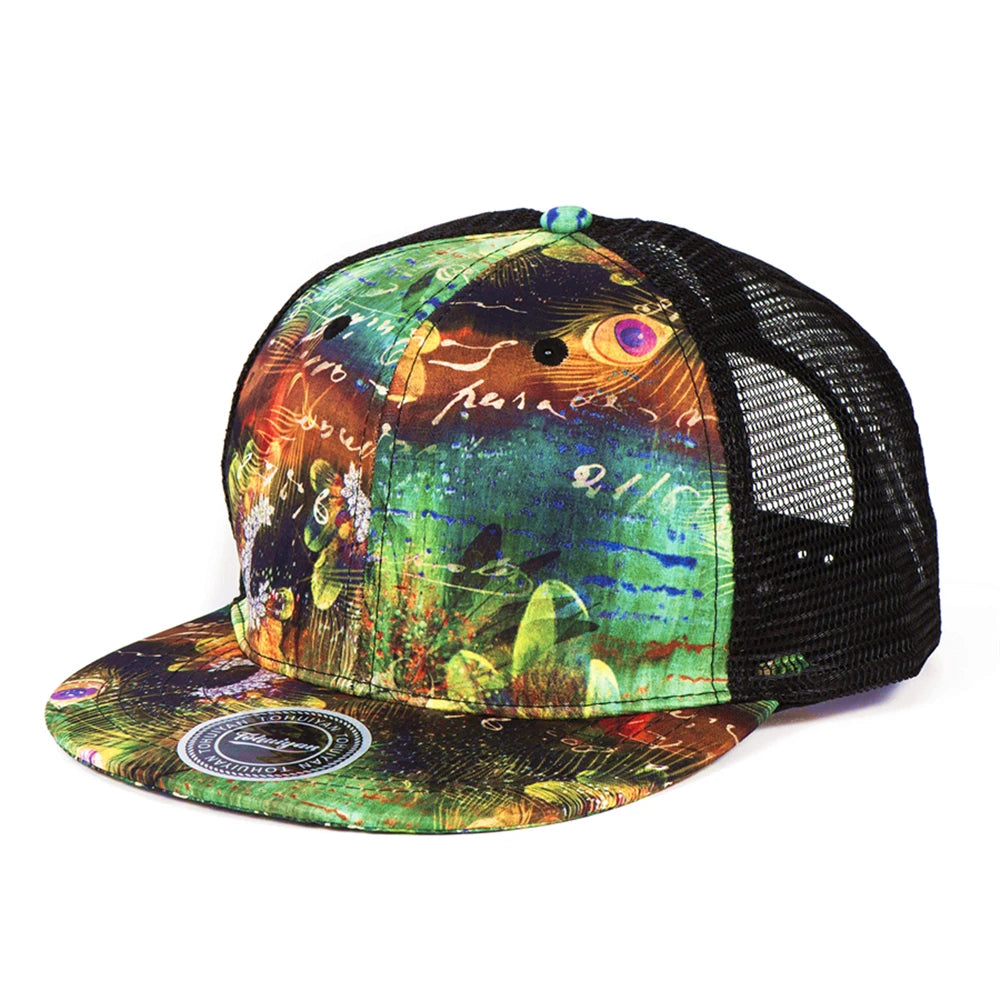Peafowl Feather Printed Flat Visor Baseball Cap
