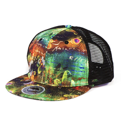 Peafowl Feather Printed Flat Visor Baseball Cap