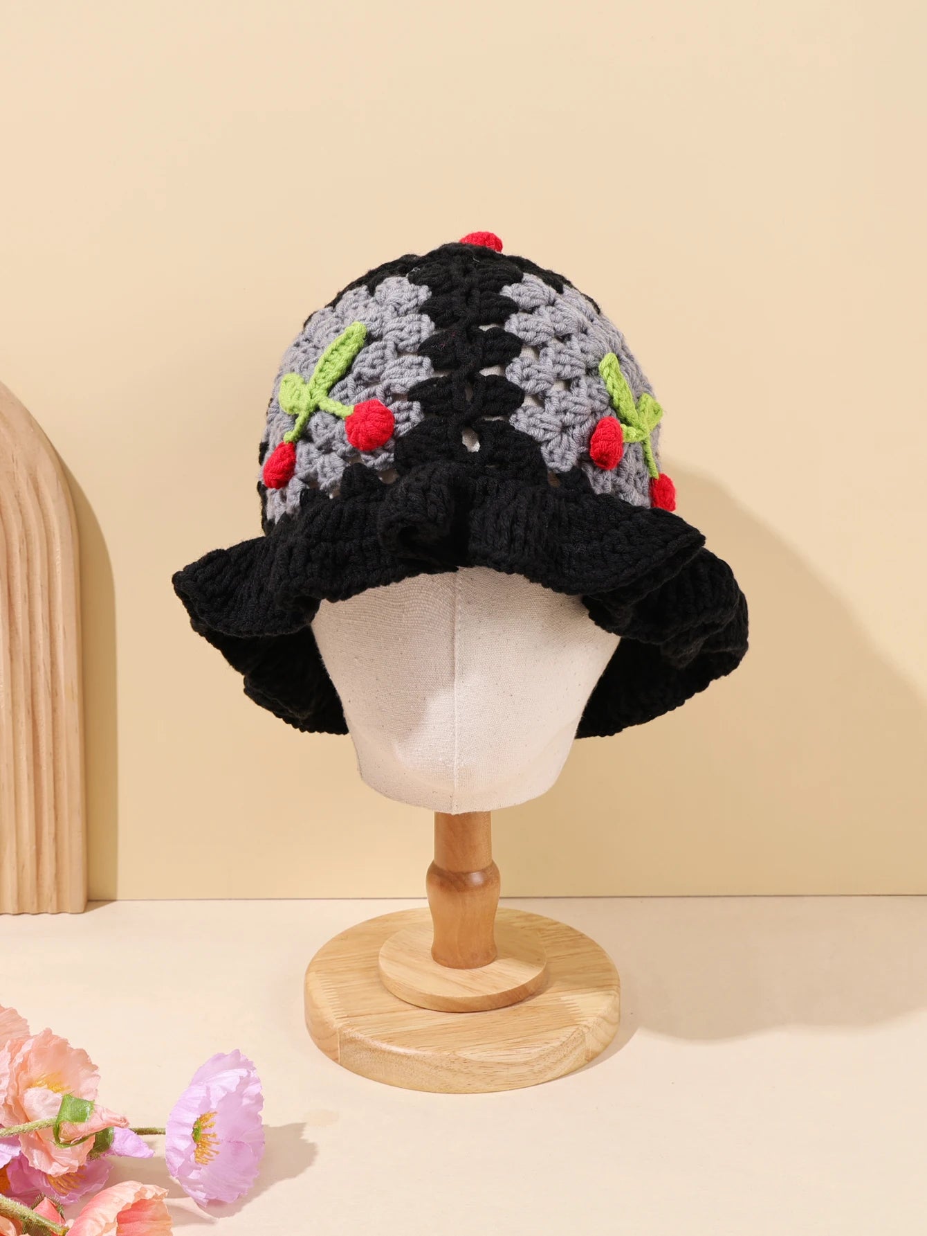 Retro Cherry Handmade Crochet Winter Bucket Hat