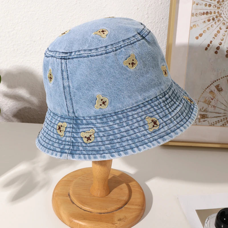 Japanese Bear Embroidered Retro Fisherman Bucket Hat
