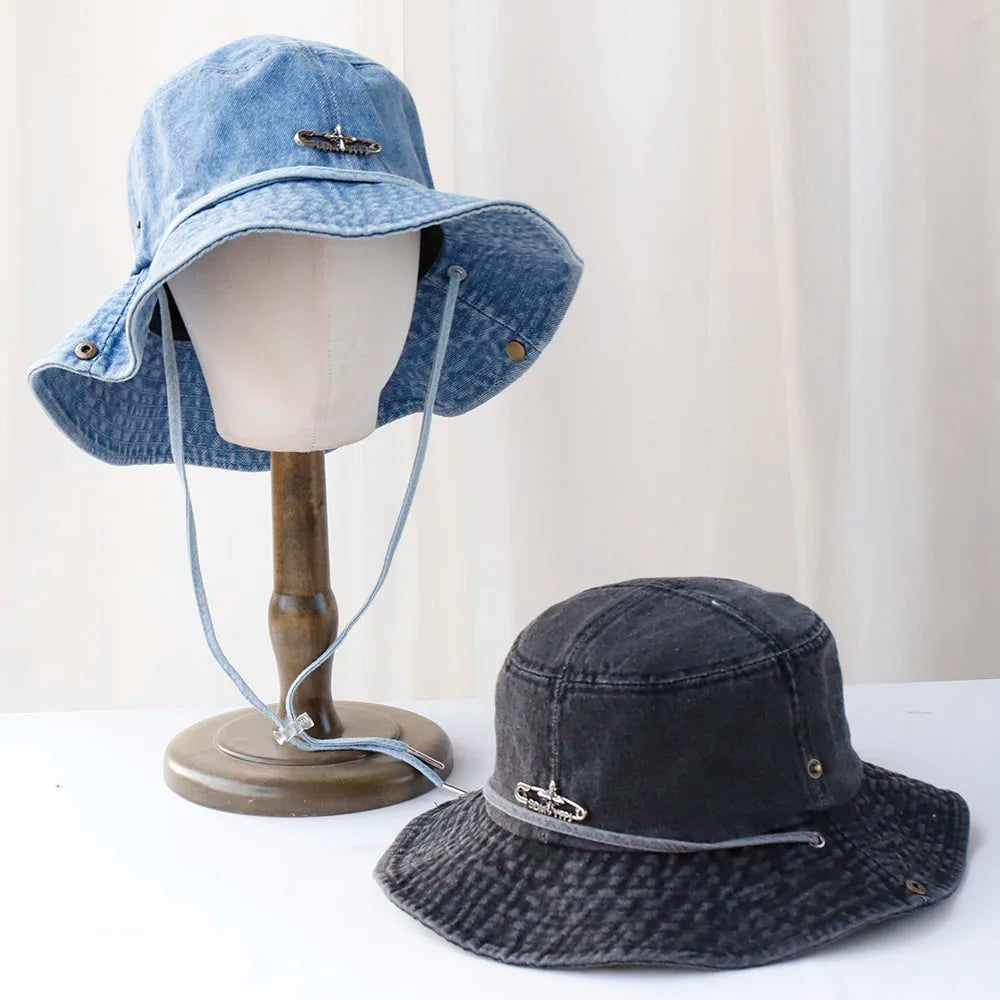 Y2K Cowboy Denim String Hiking Summer Bucket Hat