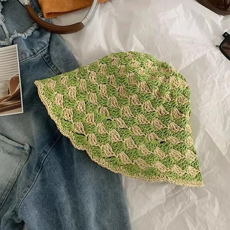 Korean Color Matching Hollow Straw Bucket Hat