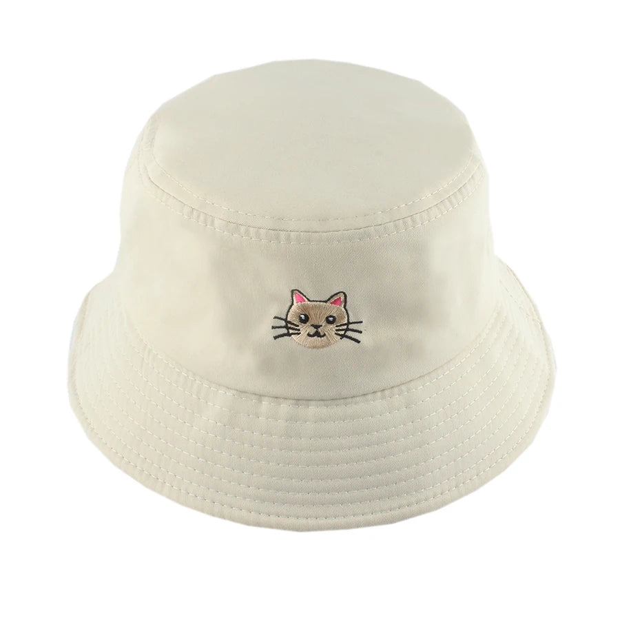 Summer Cat Embroidered Cotton Bucket Hat