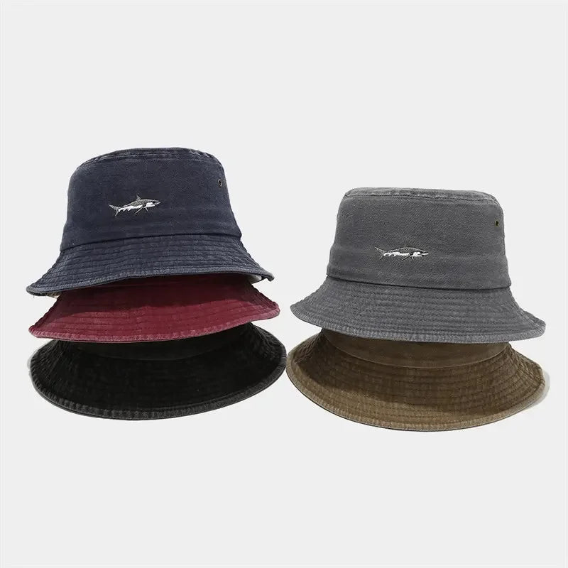 Four Seasons Cotton Cartoon Fish Embroidery Outdoor Bucket Hat