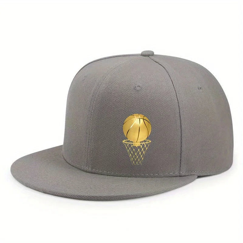Gold Basketball Hoop Logo Flat Brim Unisex Snapback Cap