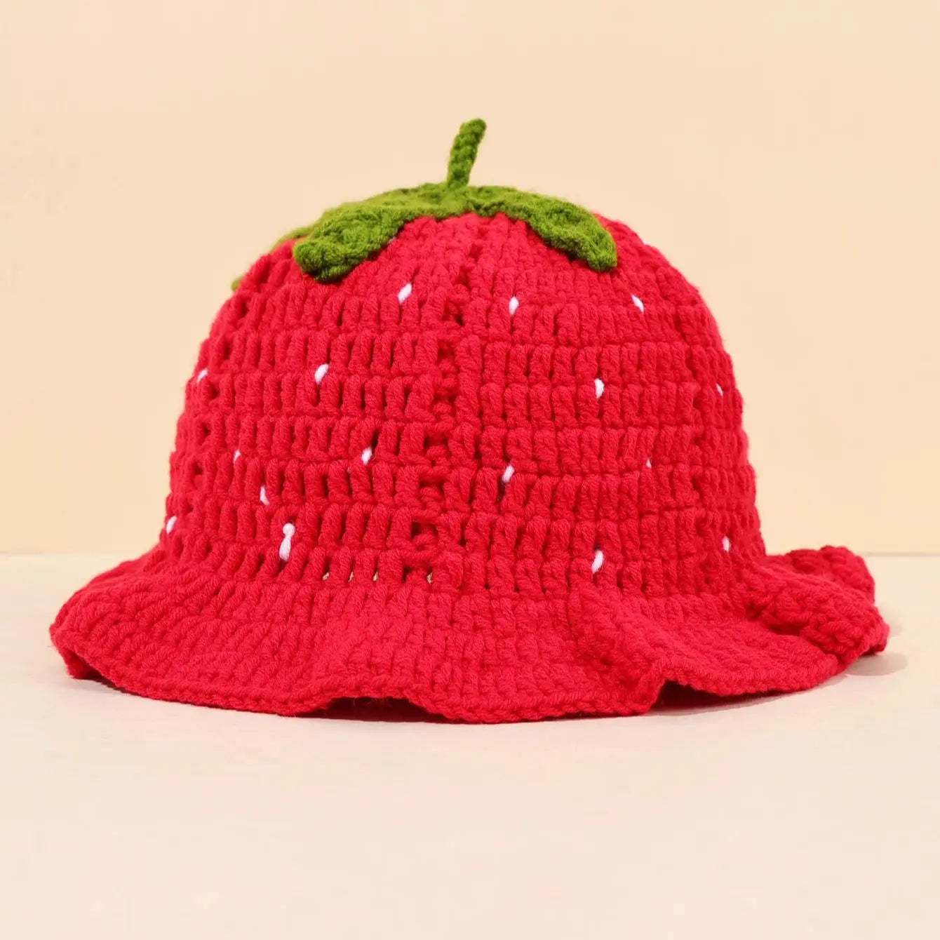 Red Strawberry Crochet Ruffle Bucket Hat