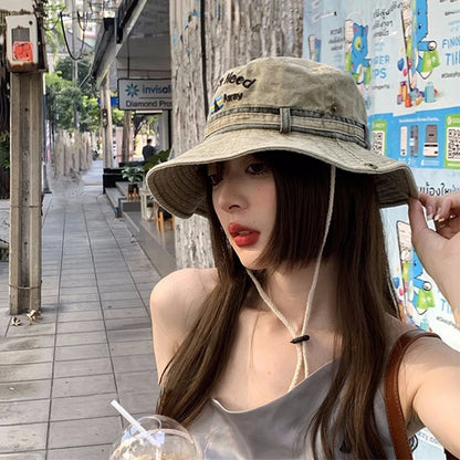 Washed Denim Letter Embroidery Unisex Bucket Hat