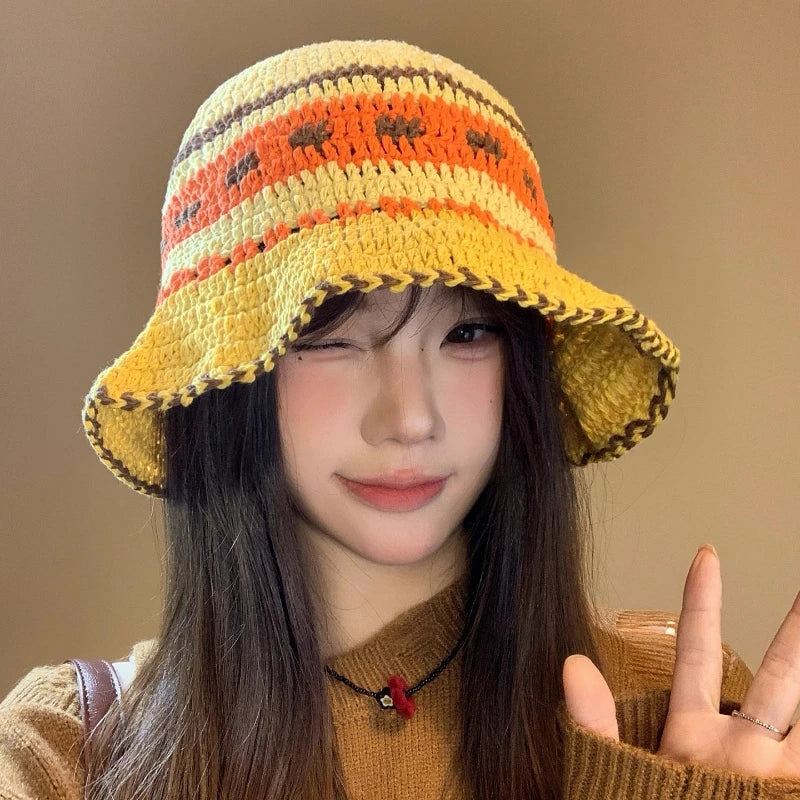 Ins Retro Contrasting Striped Versatile Bucket Hat