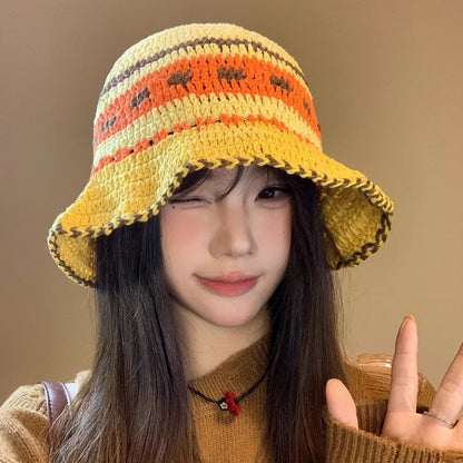 Ins Retro Contrasting Striped Versatile Bucket Hat