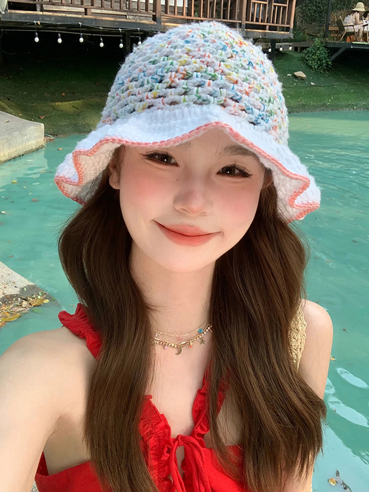 Graceful Lace Colorful Hook Flower Plush Bucket Hat