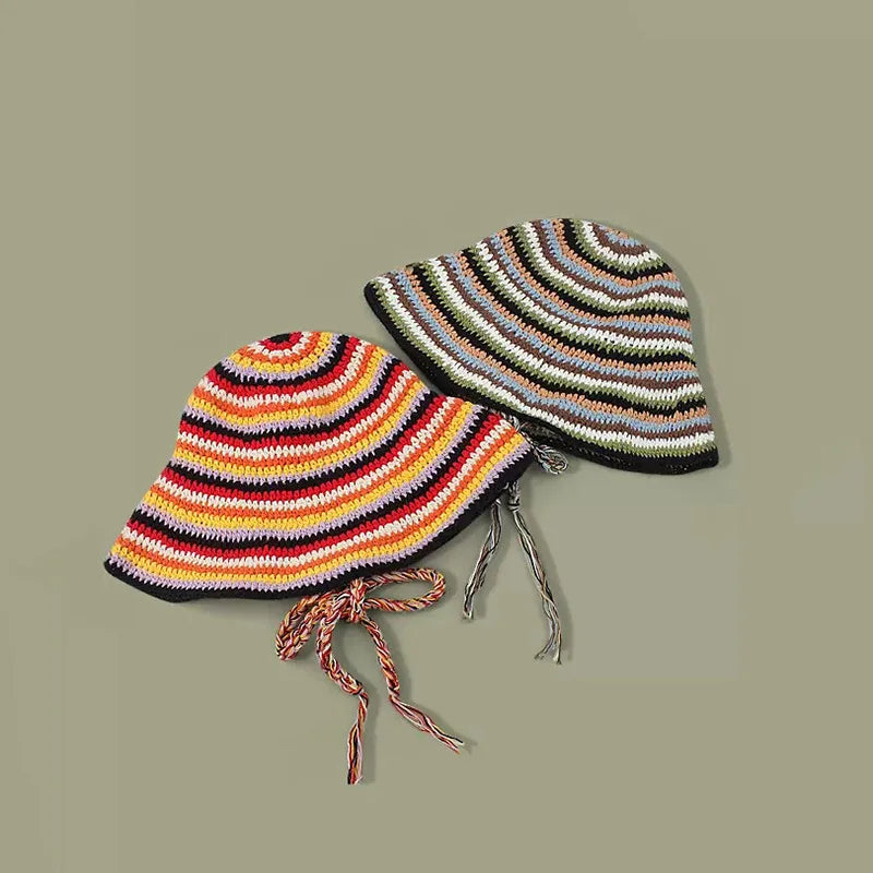 Large Size Contrasting Striped Crochet Hollow Bucket Hat