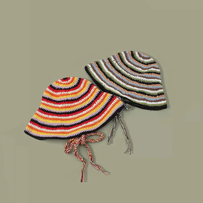 Large Size Contrasting Striped Crochet Hollow Bucket Hat