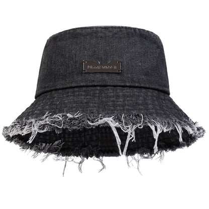 Korean Fringed Washed Denim Bucket Hat