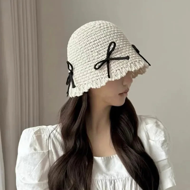 Korean Ins Bow Sweet Straw Summer Bucket Hat