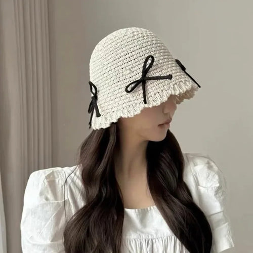Korean Ins Bow Sweet Straw Summer Bucket Hat