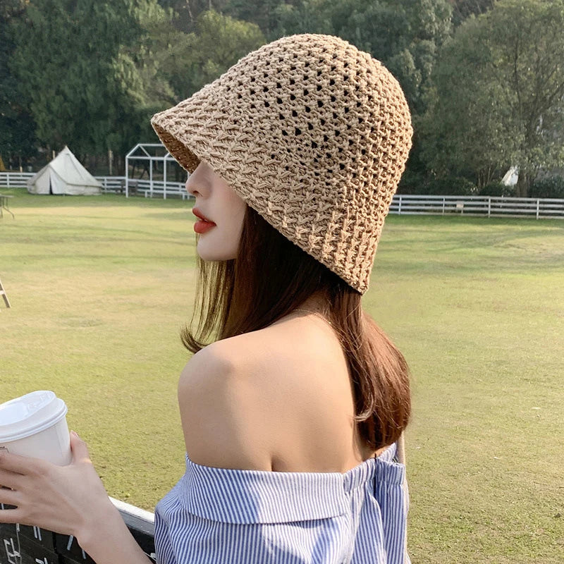 Women Wide Brim Straw Beach Bucket Hat