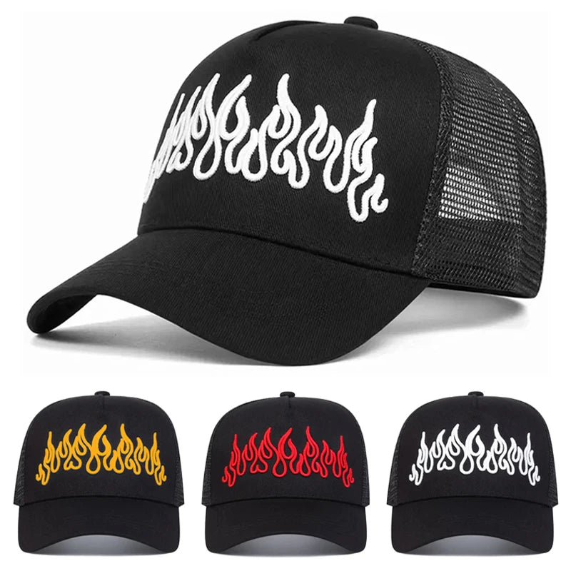 Flame Embroidered Mesh Hip Hop Baseball Hat