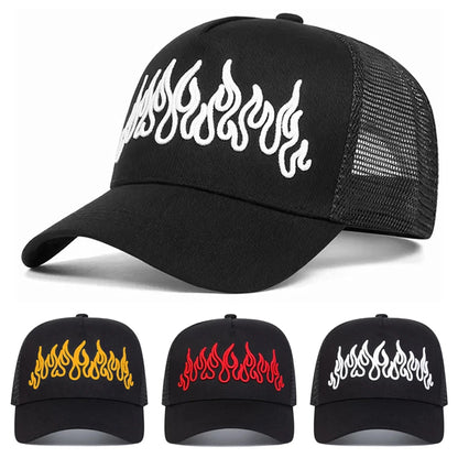 Flame Embroidered Mesh Hip Hop Baseball Hat