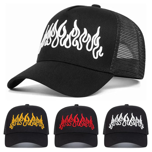 Flame Embroidered Mesh Hip Hop Baseball Hat