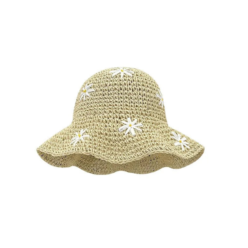 Summer Crochet Straw Flower Embroidered Bucket Hat
