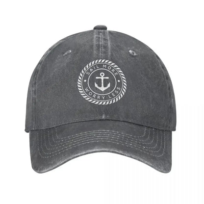 Sail More Worry Less Nautical Anchor Baseball Cap