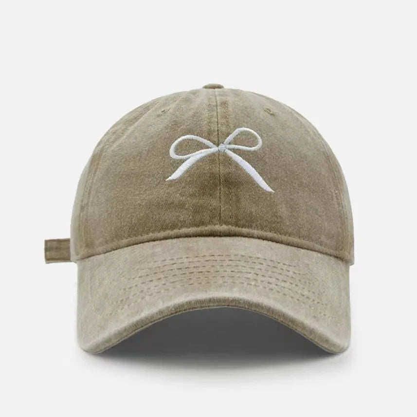 Women Bow Embroidered Washed Baseball Cap