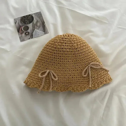 Korean Ins Bow Sweet Straw Summer Bucket Hat
