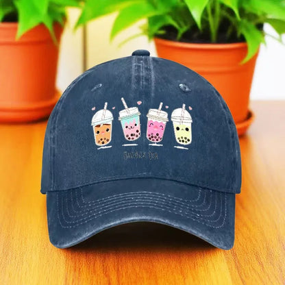 Cute Milk Tea Print Denim Baseball Cap