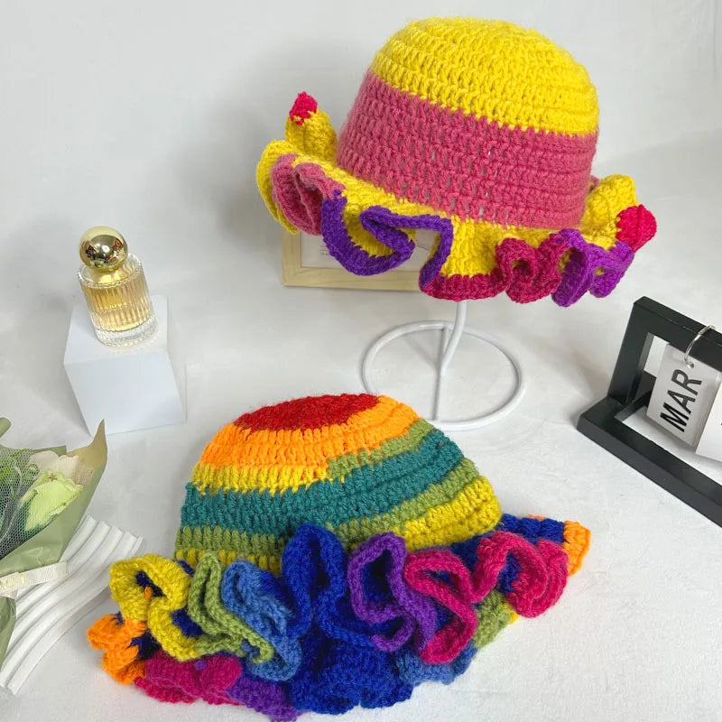 Handmade Crochet Conical Ruffled Brim Bucket Hat