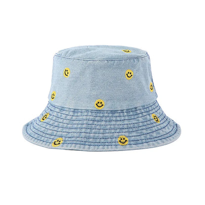 Cute Smiley Embroidered Washed Denim Summer Bucket Hat
