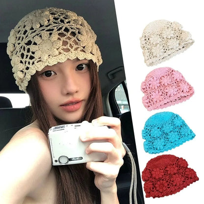 Sweet Y2K Crochet Flower Knit Bucket Hat