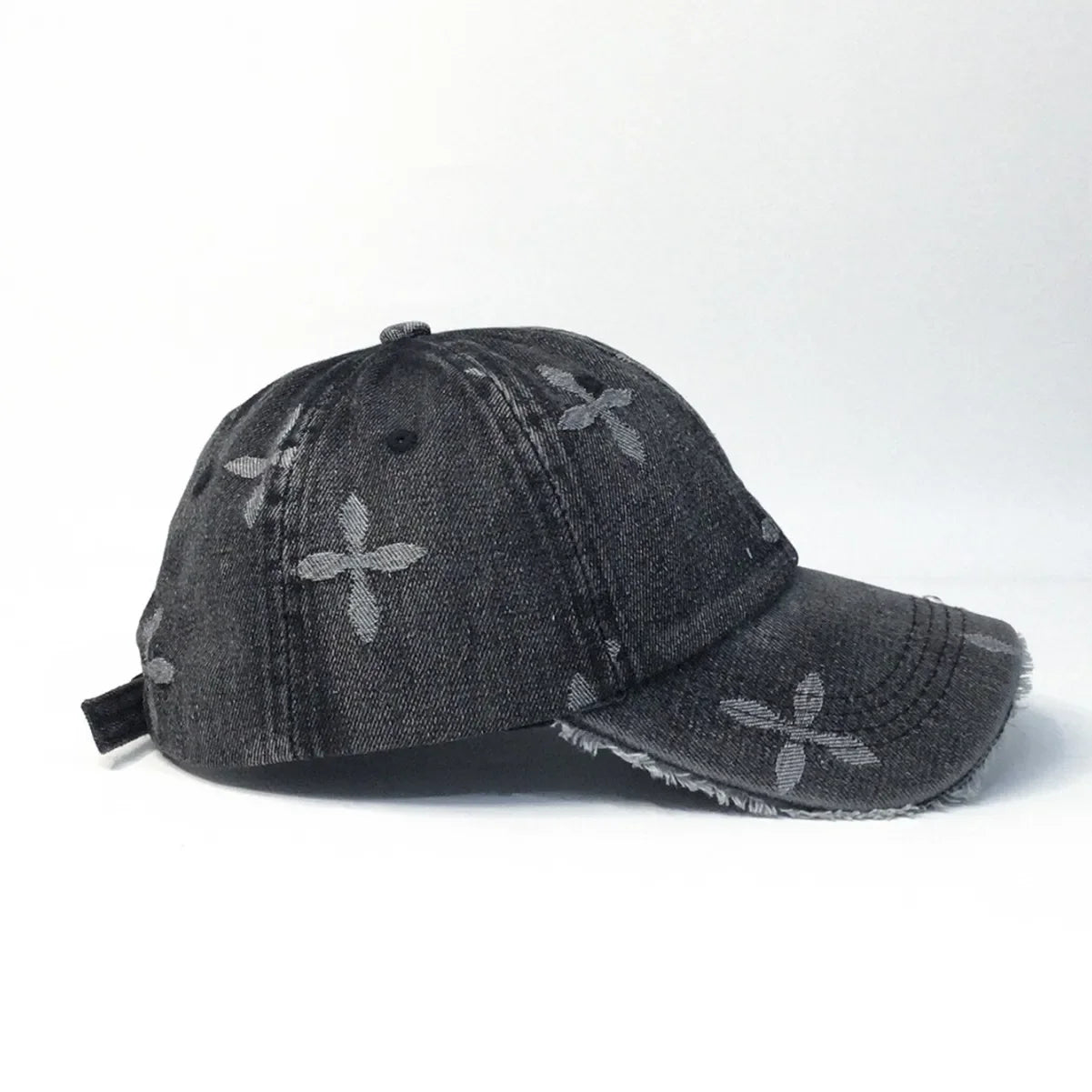 Cross Denim Jacquard Fringe Distressed Baseball Cap