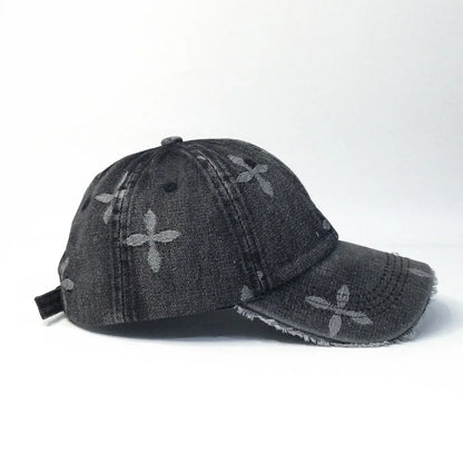 Cross Denim Jacquard Fringe Distressed Baseball Cap
