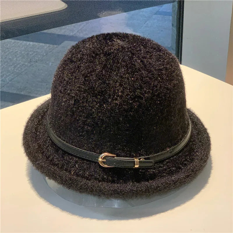French Style Belt Buckle Wool Bucket Hat