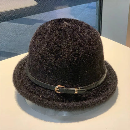 French Style Belt Buckle Wool Bucket Hat