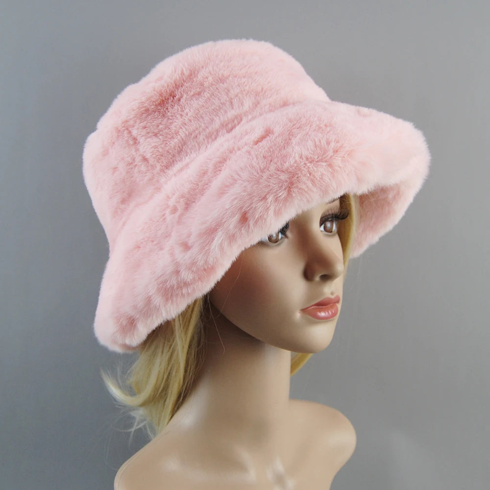 Fake Rabbit Fur Plush Winter Hat for Women