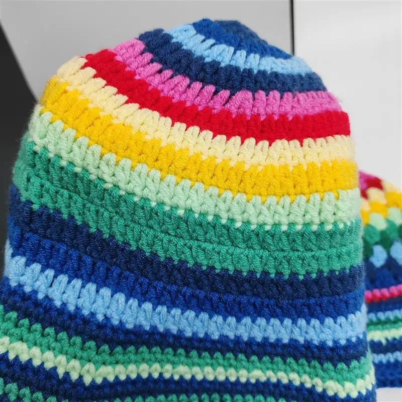 Hand Crochet Striped Contrast Knit Bucket Hat