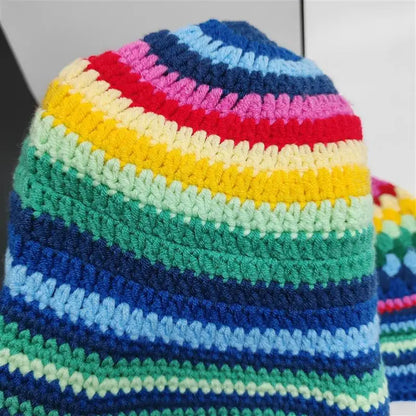 Hand Crochet Striped Contrast Knit Bucket Hat