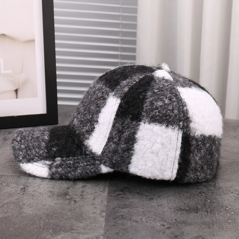 Plaid Adjustable Casual Baseball Cap Versatile Windproof Black White