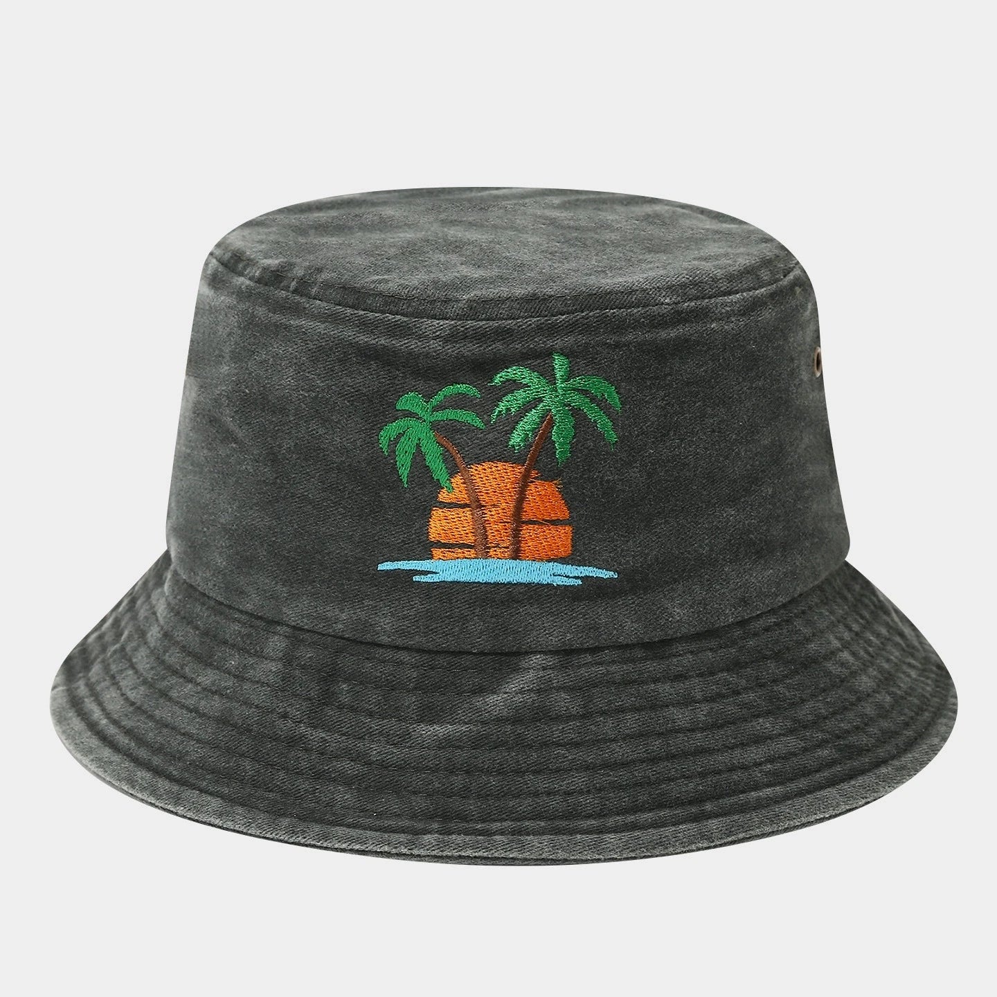 Distressed Coconut Tree Embroidered Beach Bucket Hat
