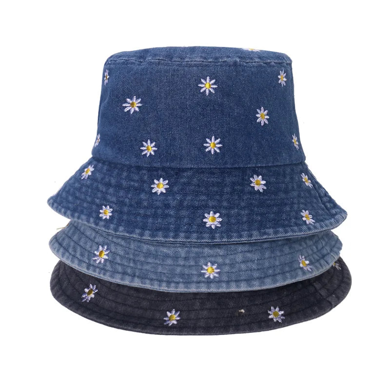 Women’s Daisy Embroidered Denim Summer Bucket Hat