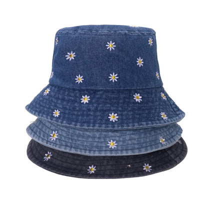 Women’s Daisy Embroidered Denim Summer Bucket Hat