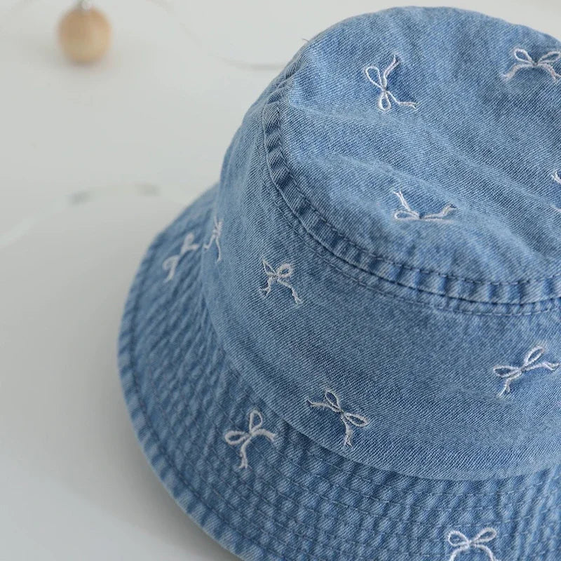 Baby Bow Pattern Denim Kids Bucket Hat