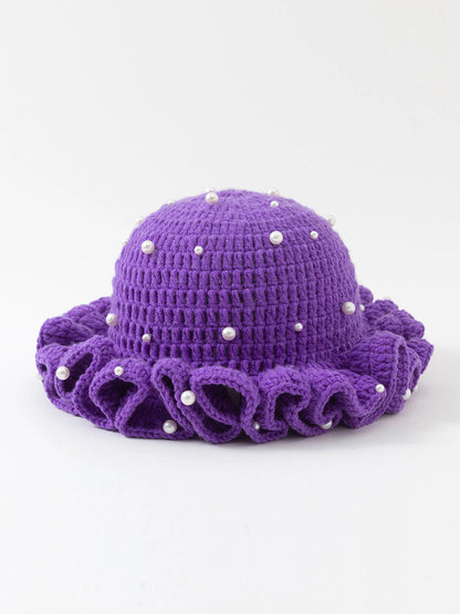 Women’s Pearl Ruffled Crochet Knit Bucket Hat