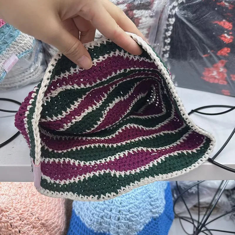 Handmade Knitted Striped Crochet Outdoor Bucket Hat