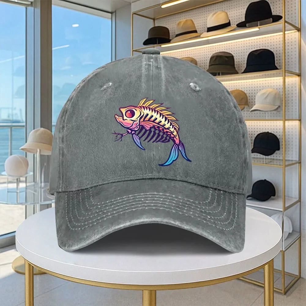 Cartoon Fishbone Washed Denim Print Baseball Cap