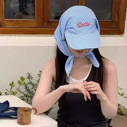 Womens Plaid Korean Style Sunshade Bucket Hat