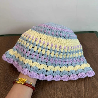 Vintage Handmade Crochet Bohemian Striped Bucket Hat