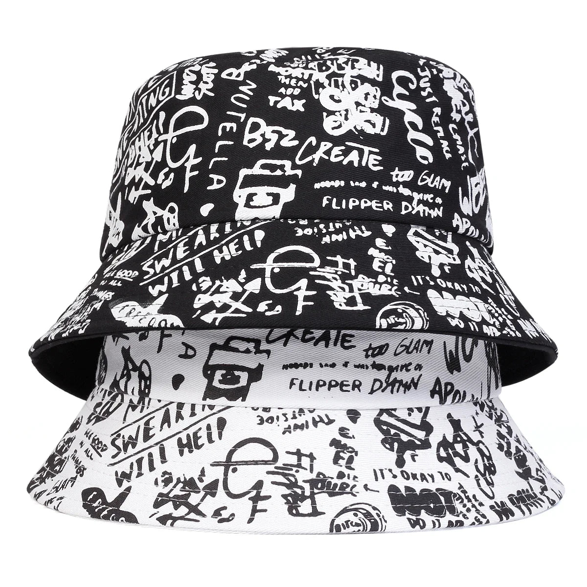 Unisex 88 Black White Graffiti Print Personality Bucket Hats