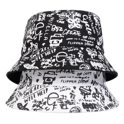 Unisex 88 Black White Graffiti Print Personality Bucket Hats